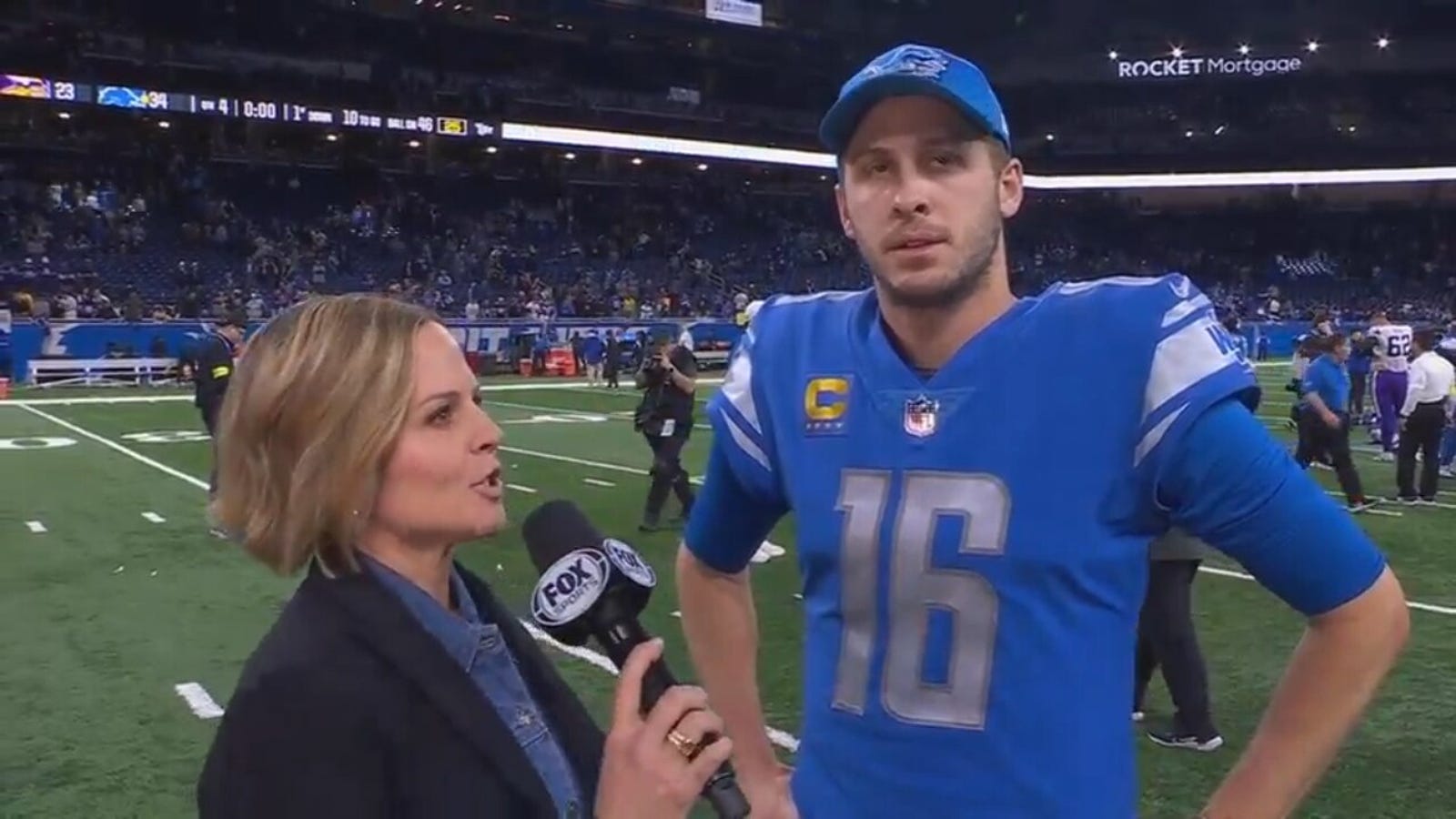 Jared Goff stopped to talk with Shannon Spake about the Detroit Lions' winning culture and Penei Sewell's impressive catch.