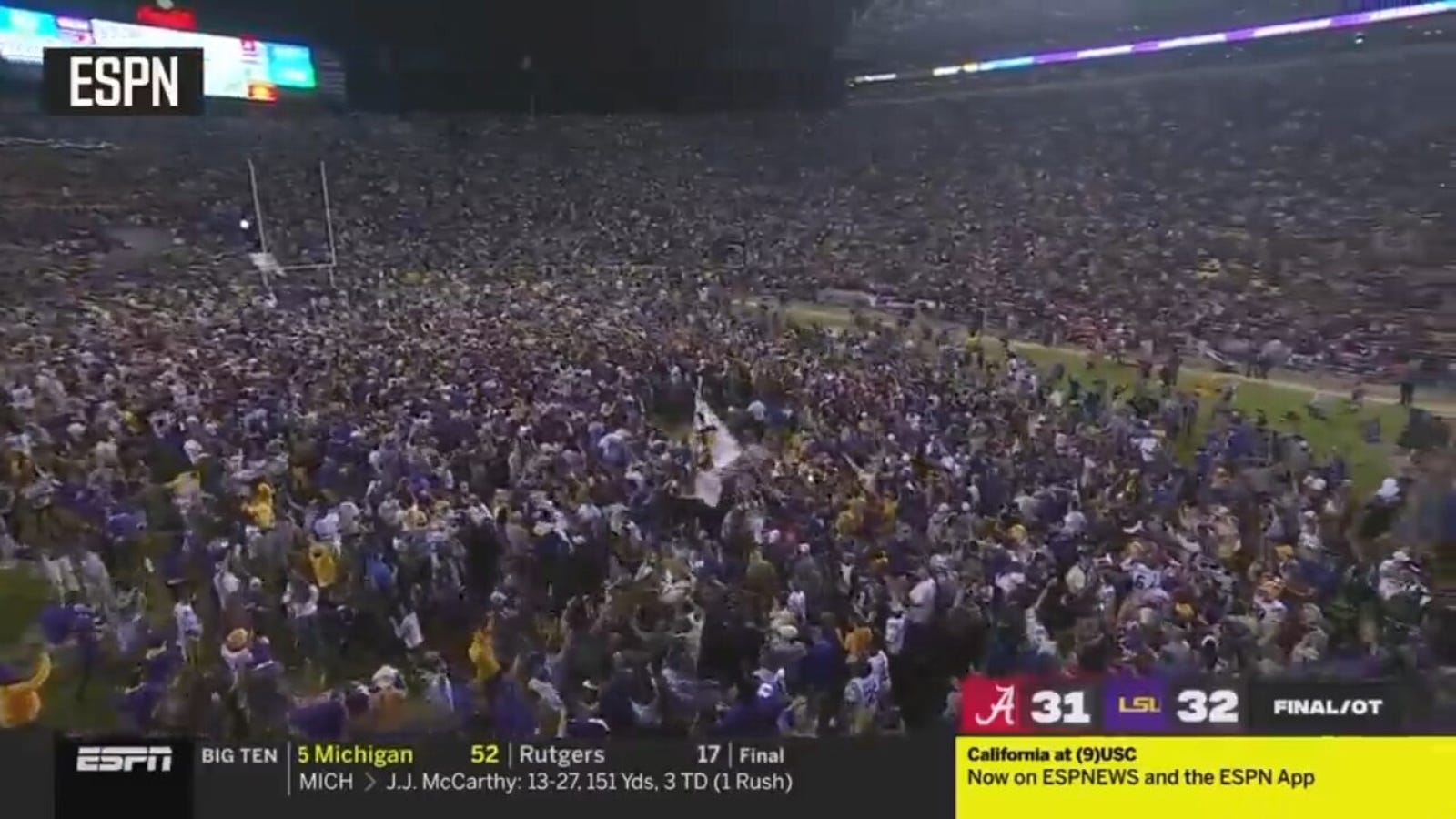 LSU fans rush Tiger Stadium after beating No. 6 Alabama