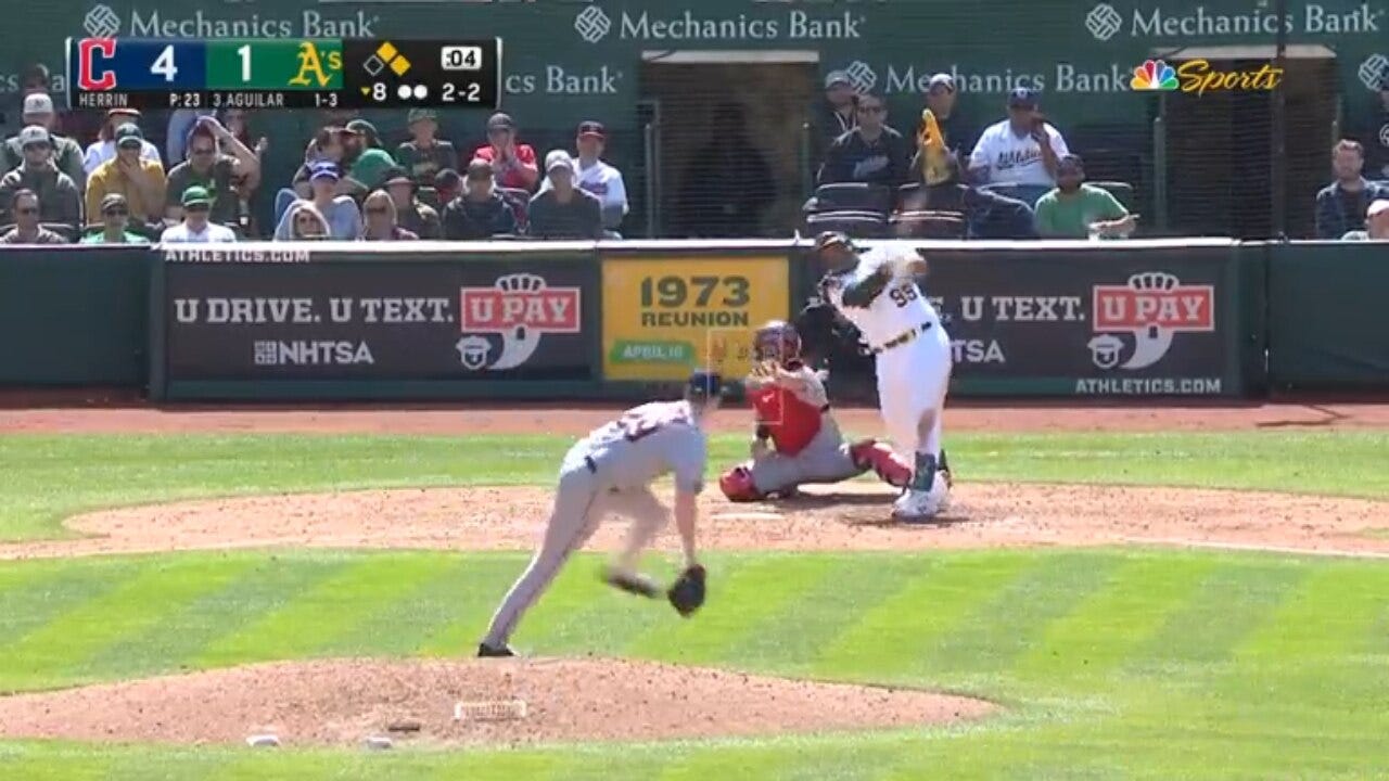 Athletics' Jesus Aguilar blasts a three-run homer to equalize the score against the Guardians