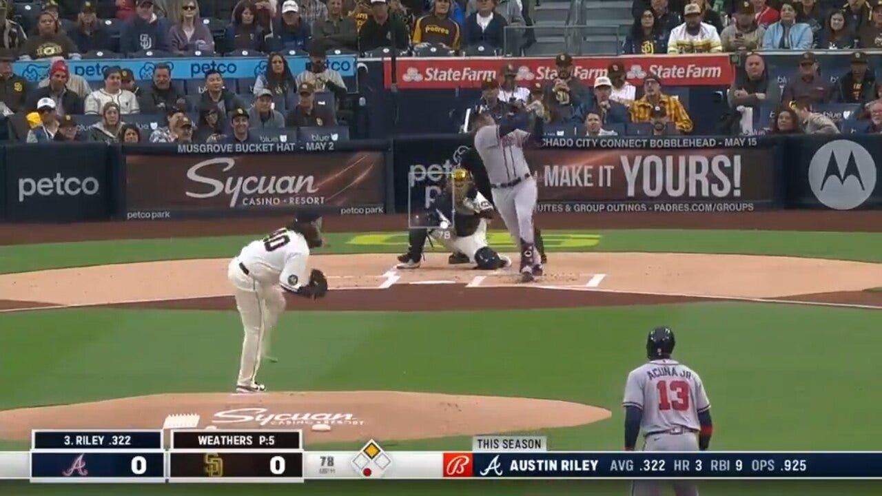 Braves' Austin Riley crushes a two-run home run in the first inning against the Padres