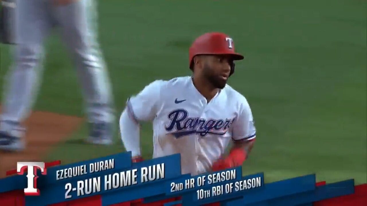 Ezequiel Duran knocks a two-run homer to left field as the Rangers take lead vs. the Yankees