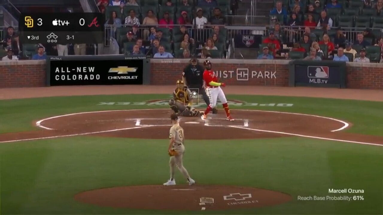 Marcell Ozuna SMASHES a 440 ft solo shot to shrink the Braves' deficit, 3-1 against the Padres