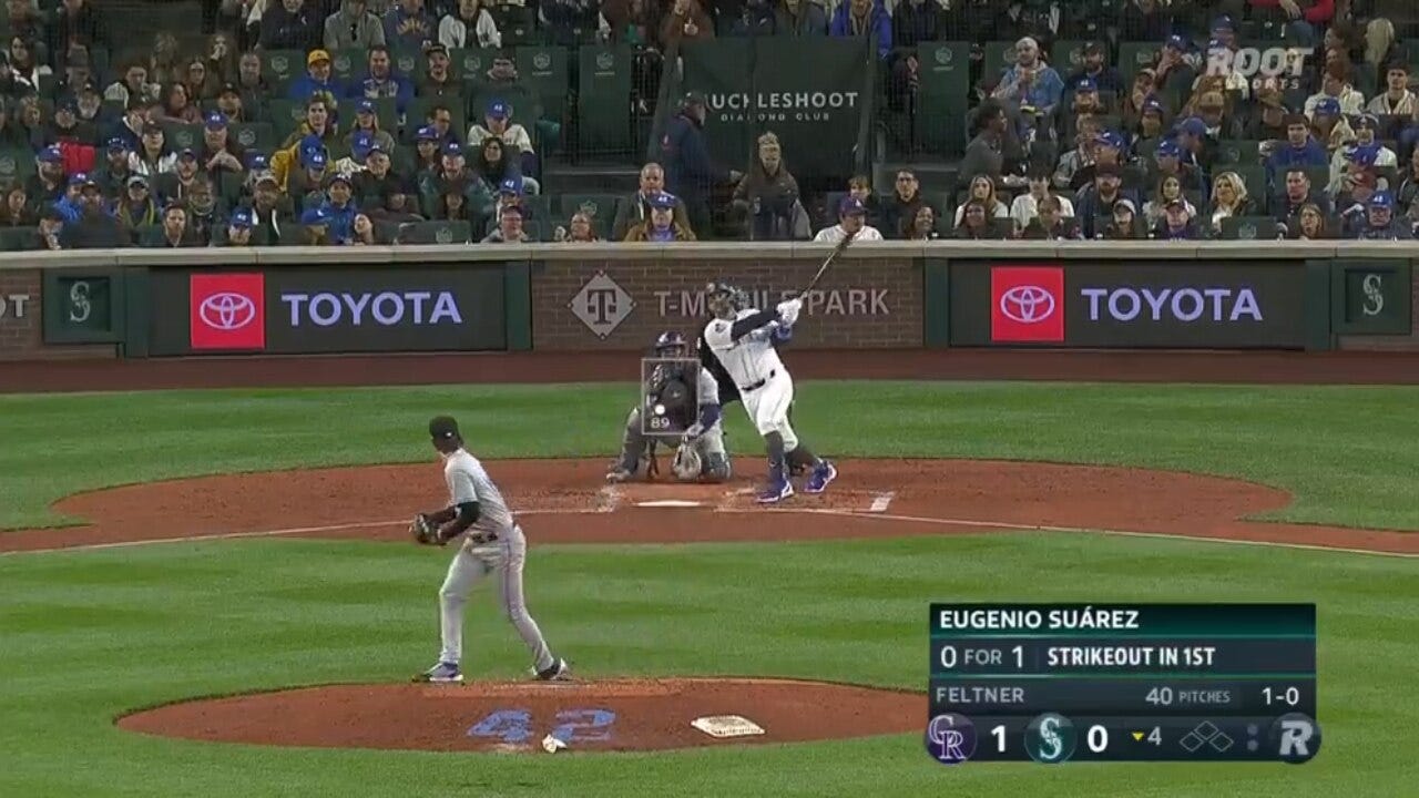 Mariners' Eugenio Suarez starts a five-run, fourth inning rally with a solo shot to right center