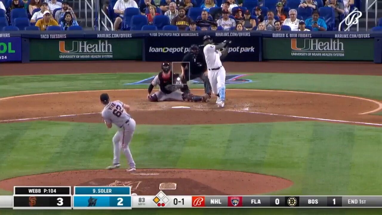 Marlins' Jorge Soler smokes a pinch-hit, go-ahead, two-run homer in the seventh inning