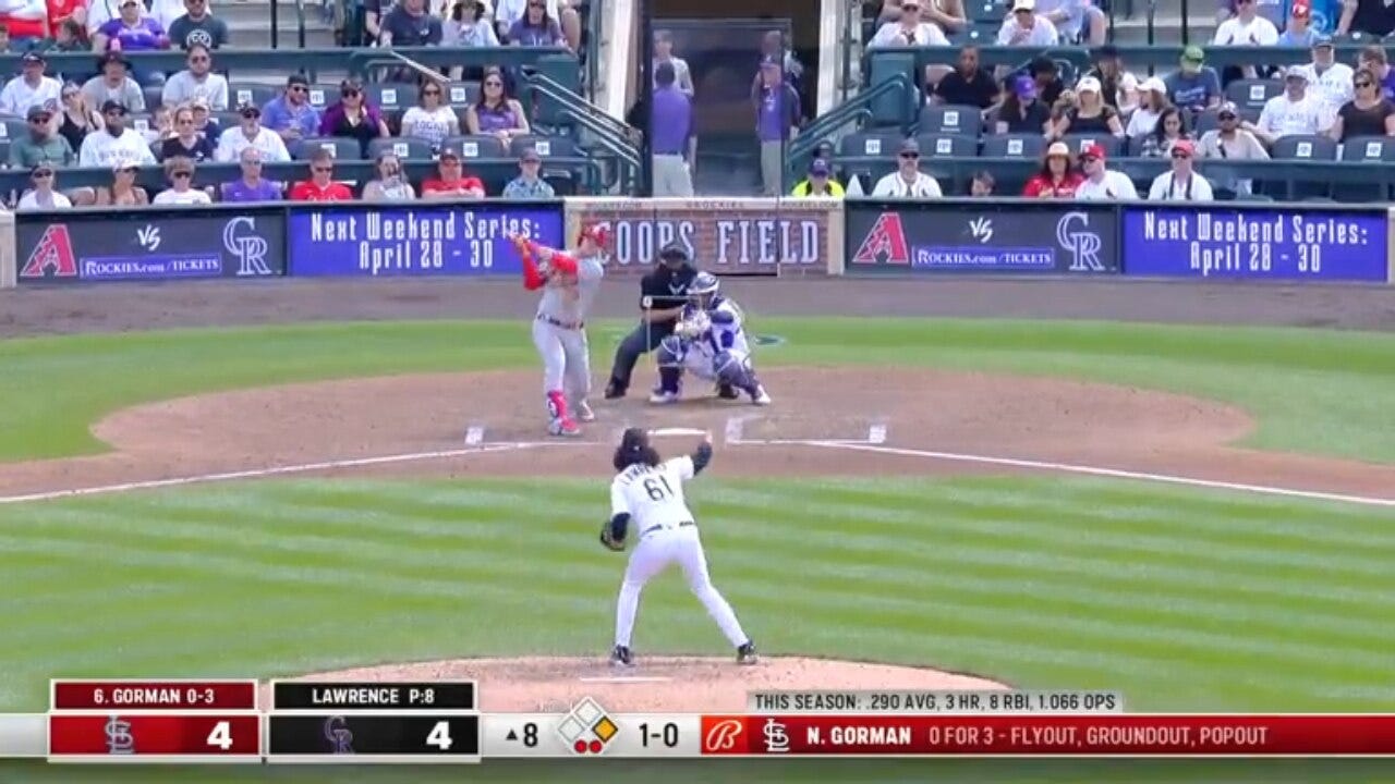 Nolan Gorman hits a clutch go-ahead homer for the second straight game, lifting the Cardinals to a 7-4 win over the Rockies