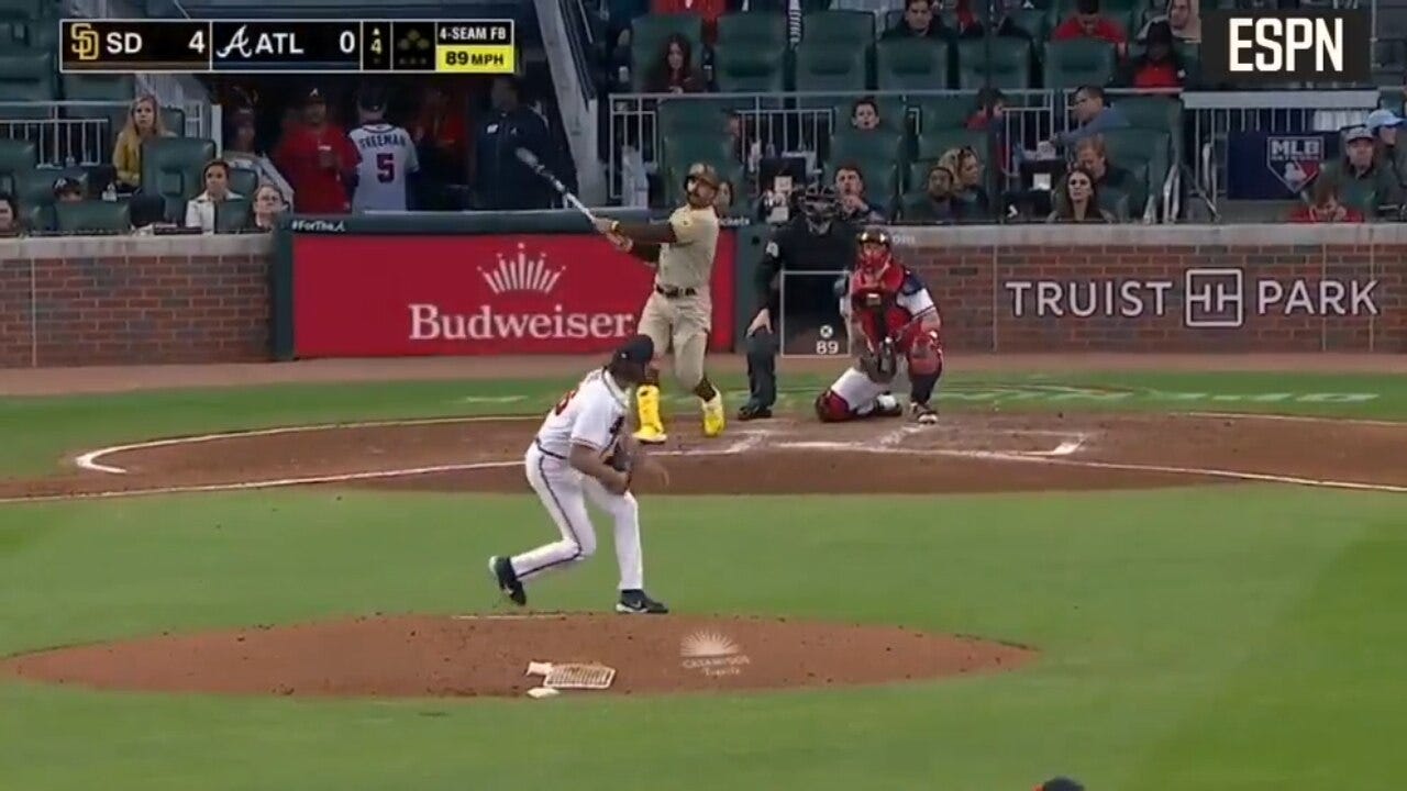 Padres' Trent Grisham goes yard to center field for a 5-0 lead against the Braves