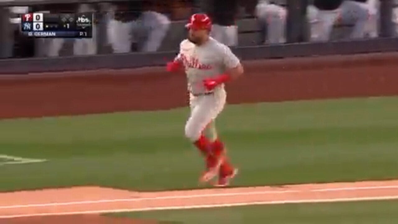 Phillies' Kyle Schwarber cranks a solo home run to get an early 1-0 lead against the Yankees