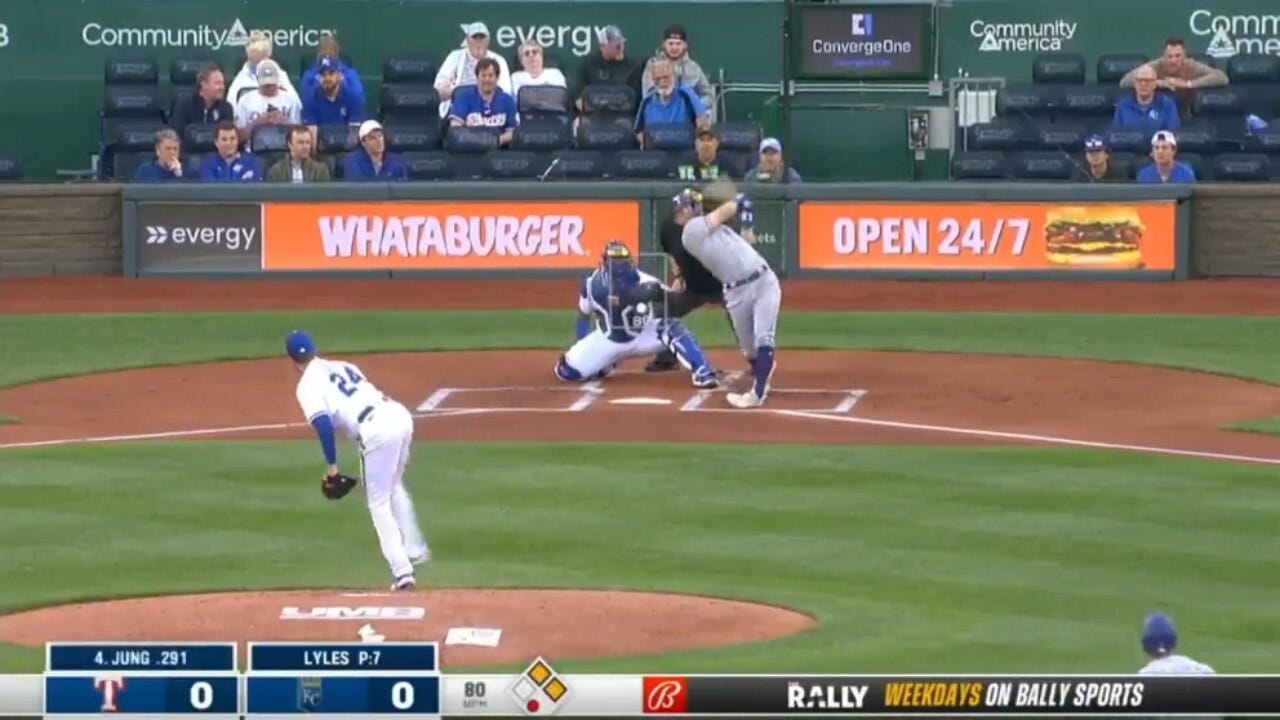 Rangers' Josh Jung powers a three-run blast to left center field in the first inning