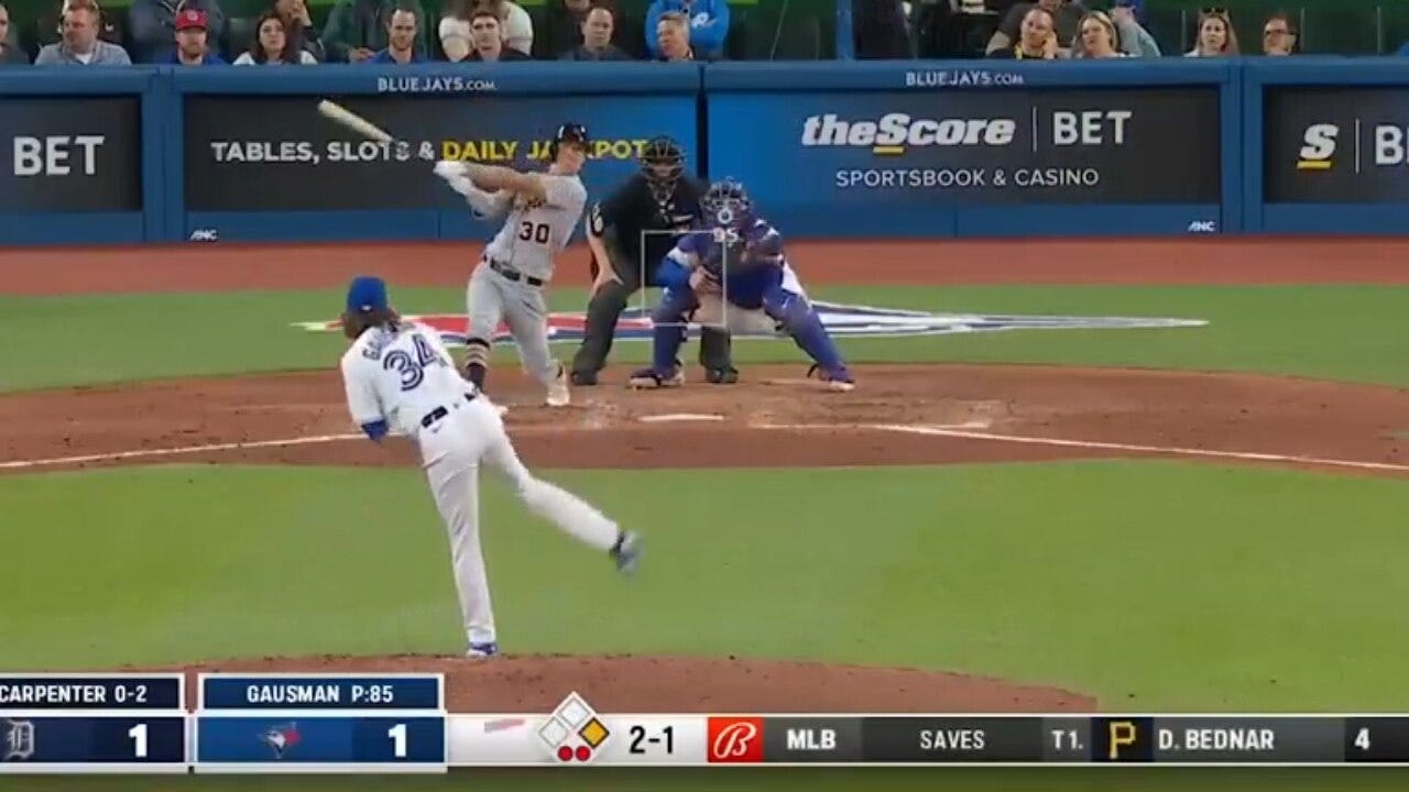 Tigers' Kerry Carpenter blasts a go-ahead two-run homer against the Blue Jays