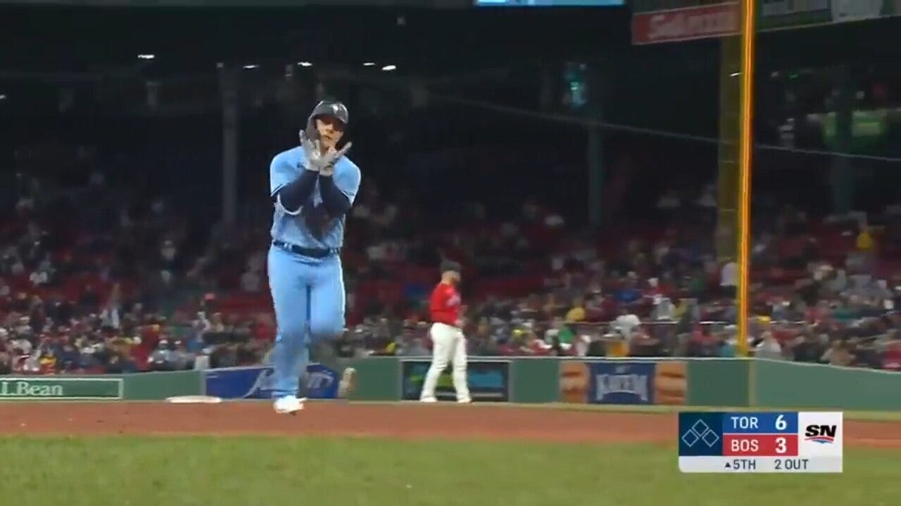 Daulton Varsho launches a three-run homer to right-center field for a Blue Jays lead vs. Red Sox