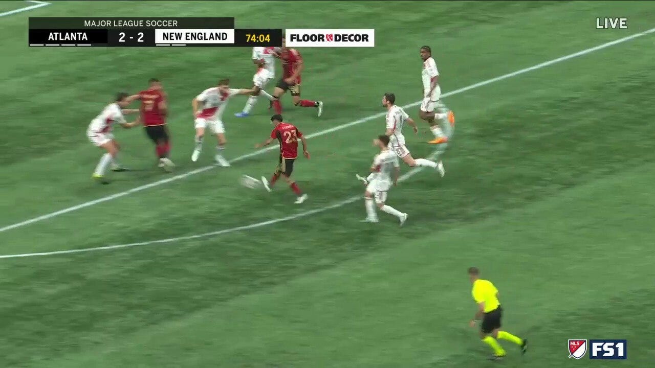 Juan Sanchez hits a deflection goal and helps Atlanta to even the score with New England