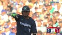 Marlins' Luis Arráez SMACKS an RBI knock to even the score for the NL against the AL