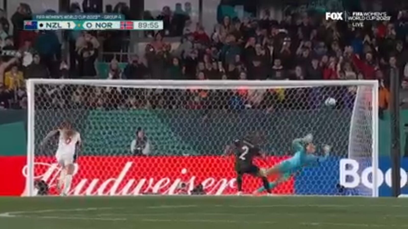 New Zealand's Ria Percival misses a penalty kick in 90th minute