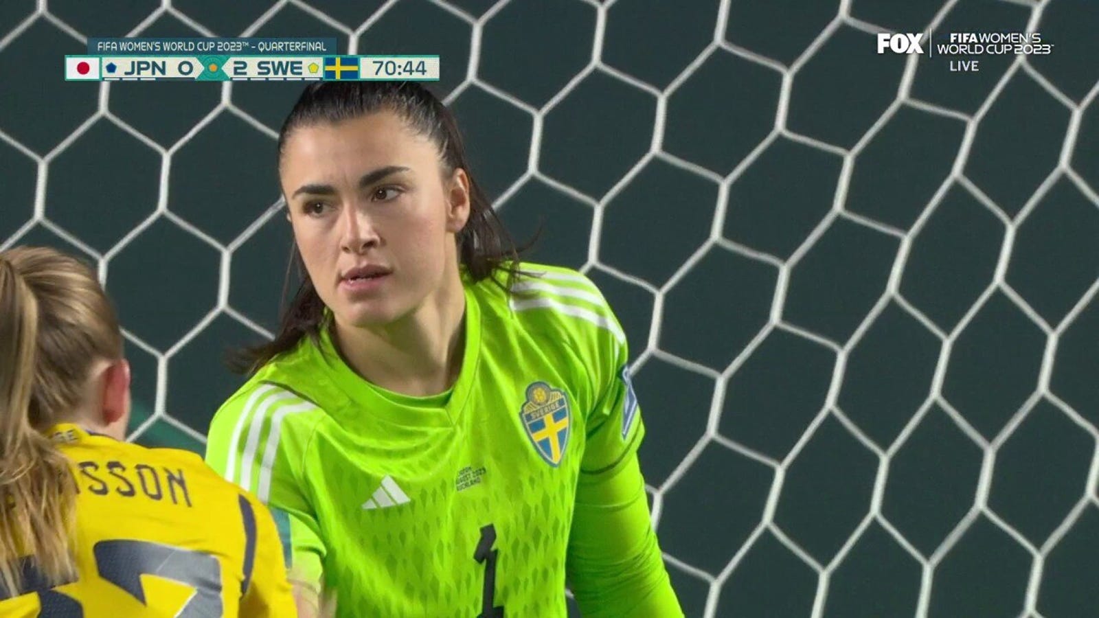 Zecira Musovic blocks a shot on goal to keep Sweden's lead vs. Japan at 2-0