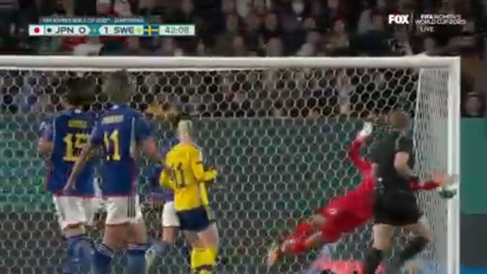 Sweden's Stina Blackstenius' shot hits the post after Ayaka Yamashita deflects it off the post