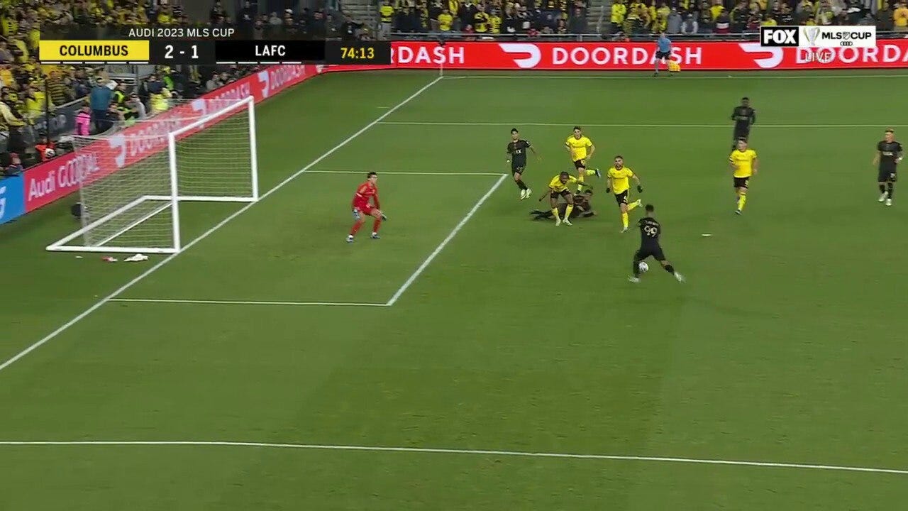 LAFC's Denis Bouanga finds the net in the 74th minute to cut Columbus' lead in the MLS Cup