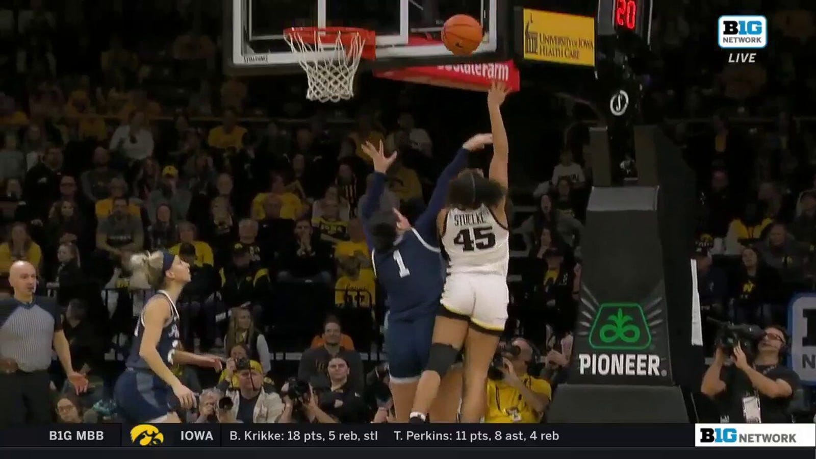 Iowa's Hannah Stuelke finishes a tough and-1 to finish with 47 points, second most in Iowa history, against Penn State