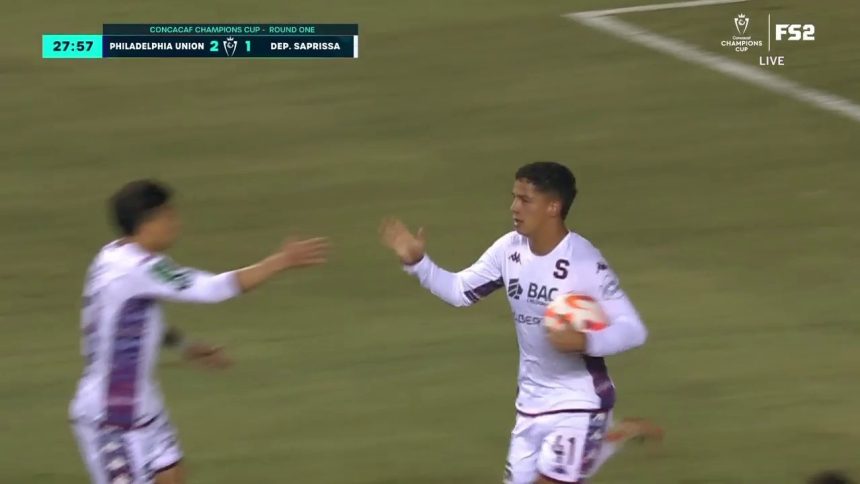 Deportivo Saprissa's Warren Madrigal scores off corner kick to tie the game at 2-2 vs. Philadelphia Union