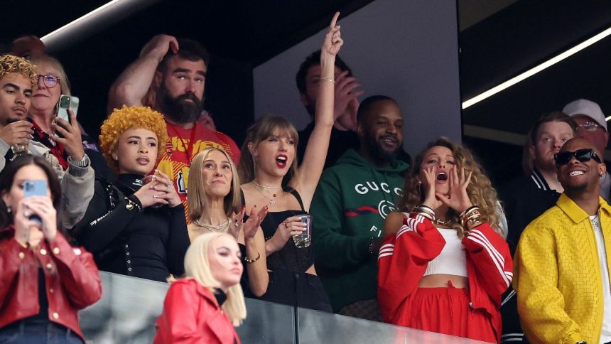 Taylor Swift supports Travis Kelce, chugs drink at Super Bowl LVIII
