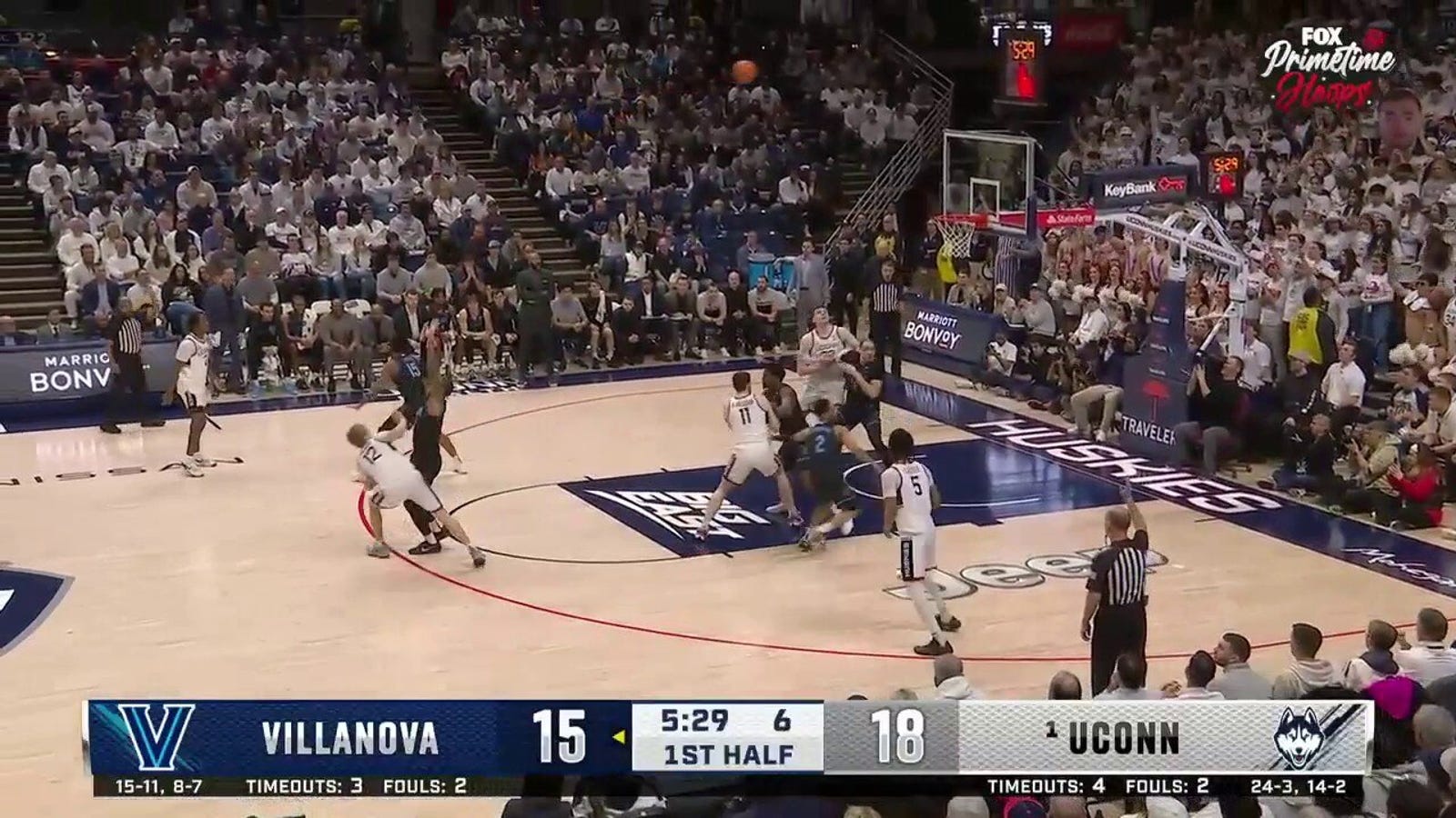 UConn's Cam Spencer knocks down a 3-pointer to extend the lead over Villanova.