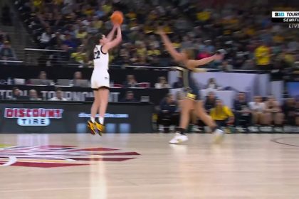 Caitlin Clark drains a LOGO THREE to extend Iowa's lead over Michigan at the half