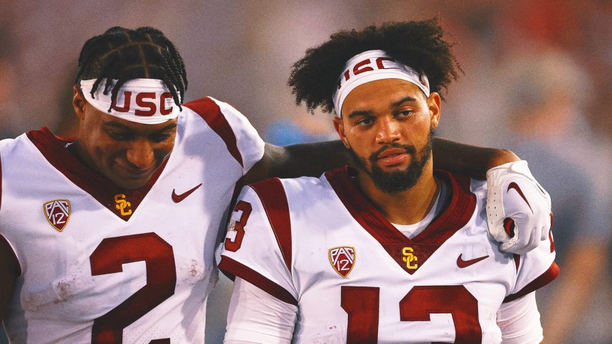 Caleb Williams crashes former USC teammate Brenden Rice's combine presser