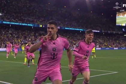 Inter Miami's Luis Suarez nails a header in stoppage time to even the score against Nashville SC