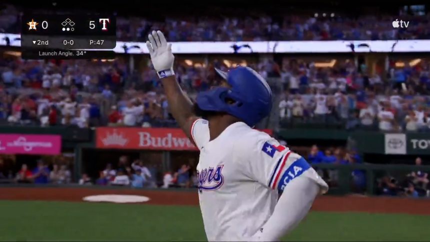 Adolis García BLASTS a 3-run homer to extend the Rangers' lead over the Astros