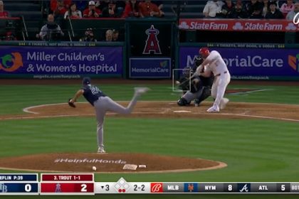 Mike Trout launches his fifth home run of the season to tie the MLB lead