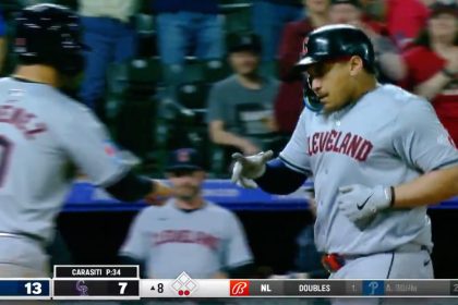 Josh Naylor crushes his second home run of the night, extending the Guardians' lead over the Rockies