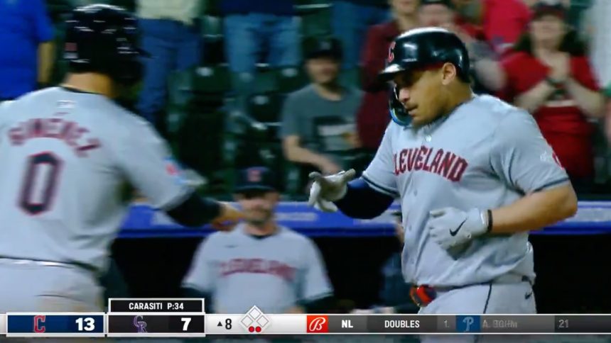 Josh Naylor crushes his second home run of the night, extending the Guardians' lead over the Rockies