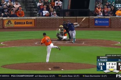 Mariners' Ty France knocks in a run on his double to right field, tying the game against the Orioles