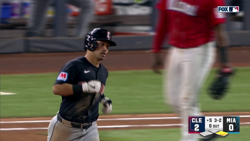 Guardians' Steven Kwan unleashes a two-run home run to take a 4-0 lead over the Marlins