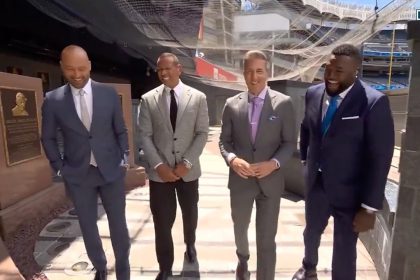 The 'MLB on FOX' crew takes a stroll through Monument Park at Yankee Stadium