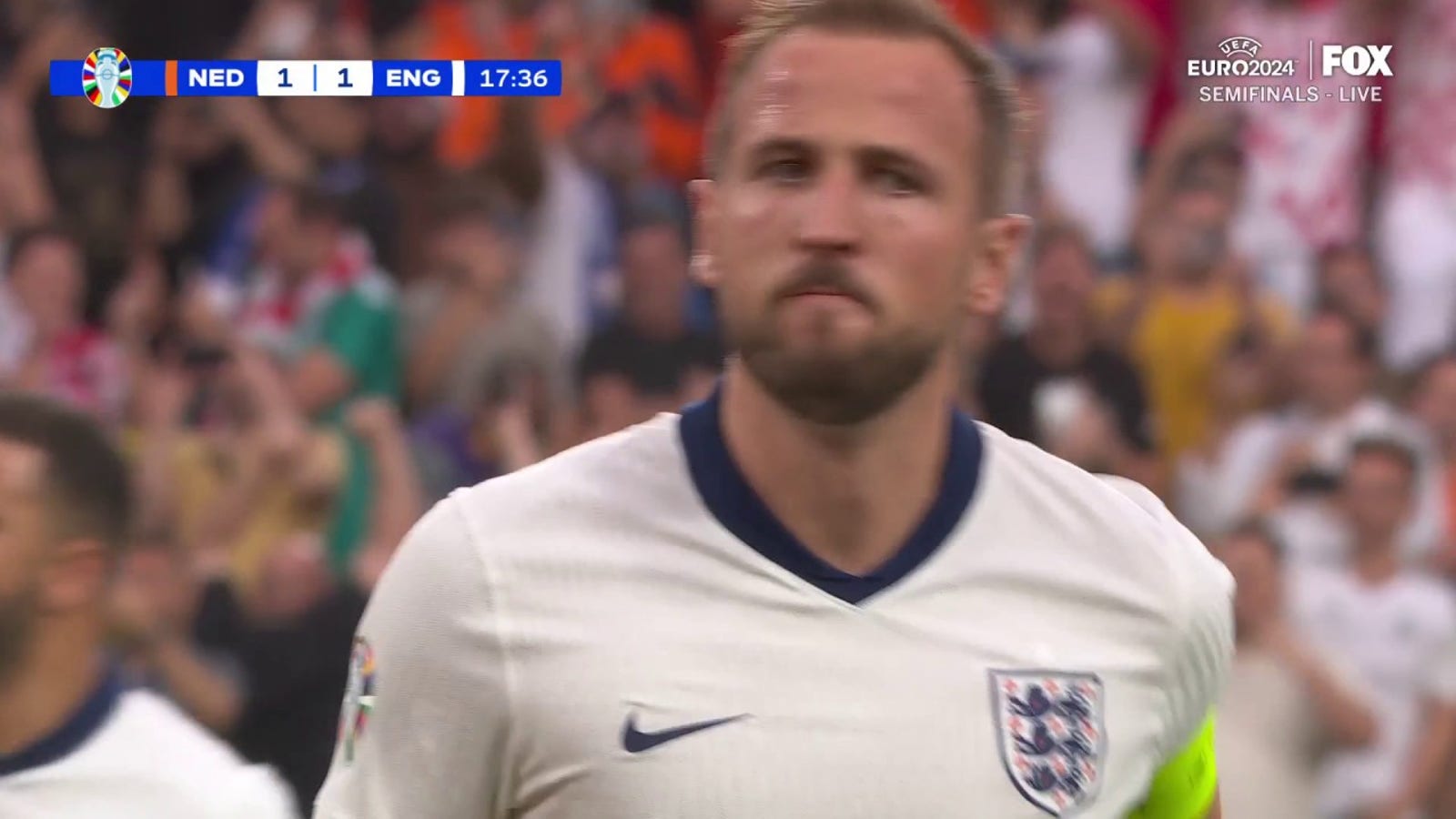 Harry Kane's penalty kick finds the net as England and the Netherlands are tied at 1-1