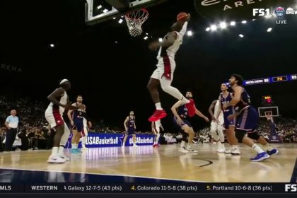 LeBron James throws down a vicious one-handed dunk off the lob from Bam Adebayo