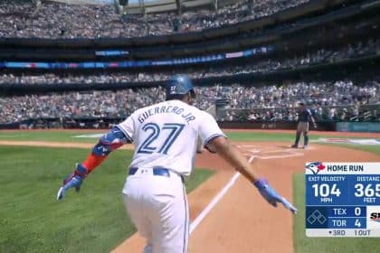 Vladimir Guerrero Jr. hits his 19th homer of the year, extending the Jays' lead over the Rangers.