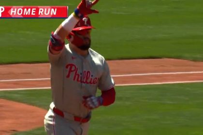 Phillies' Kyle Schwarber turns on a pitch and hits it 114.9 mph for a home run, his 41st career leadoff blast