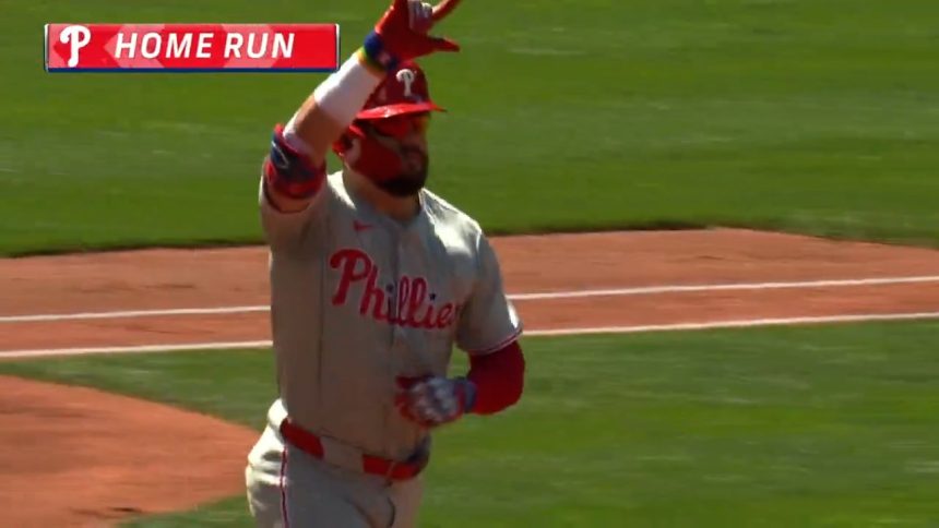 Phillies' Kyle Schwarber turns on a pitch and hits it 114.9 mph for a home run, his 41st career leadoff blast