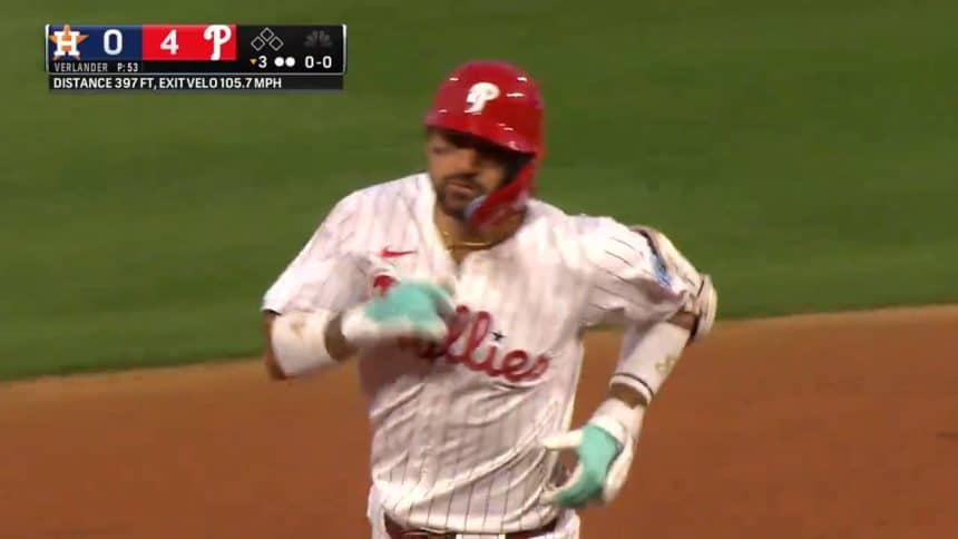 Phillies' Nick Castellanos sends a three-run blast to left field to increase lead over Astros