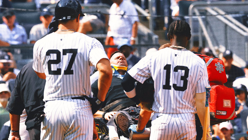 Plate umpire Nick Mahrley exits game between Rockies and Yankees after broken bat hits his neck