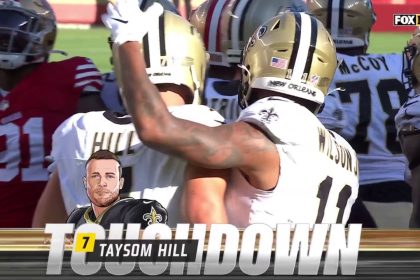 Taysom Hill powers in a one-yard rushing TD, giving Saints a 7-0 lead over 49ers