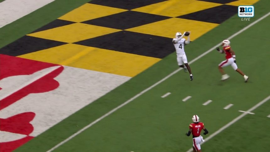 Aidan Chiles hits Jaron Glover on a 34-yard TD pass, helping Michigan State bring Maryland to 14-14 tie