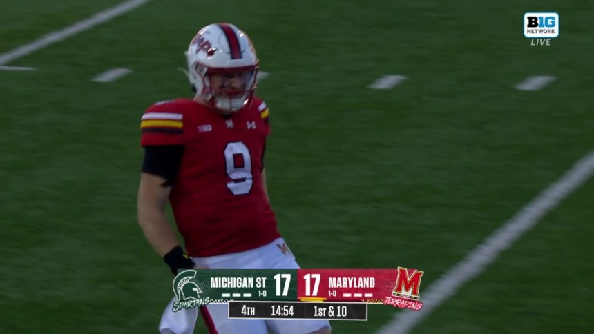 Billy Edwards Jr. finds Dylan Wade deep for a 28-yard touchdown to give Maryland a 24-17 lead over Michigan State