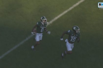 Charles Brantley returns an interception from the END ZONE to give Michigan State a 27-0 lead over Prairie View A&M