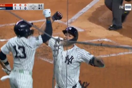 Giancarlo Stanton blasts a solo home run to give Yankees an early 1-0 lead over Orioles