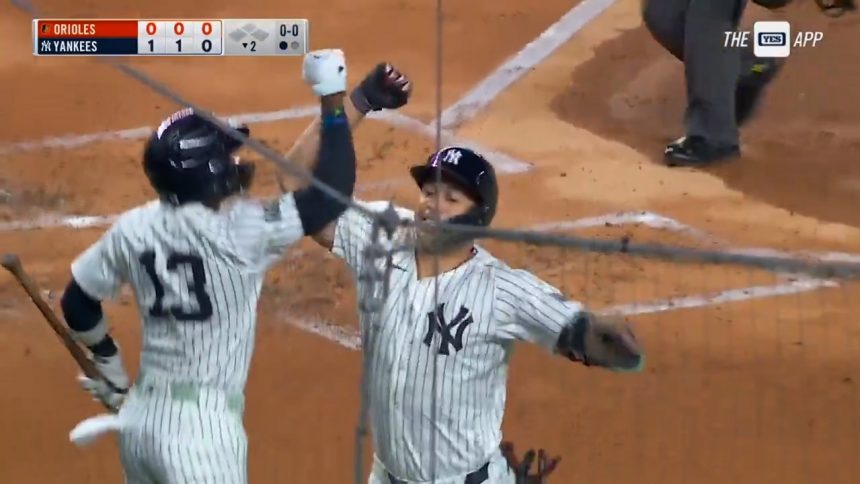 Giancarlo Stanton blasts a solo home run to give Yankees an early 1-0 lead over Orioles