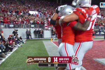 Ohio State's Quinshon Judkins scores a 23-yard touchdown to extend the lead against Western Michigan