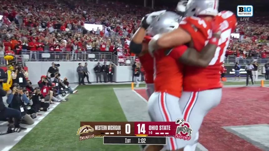 Ohio State's Quinshon Judkins scores a 23-yard touchdown to extend the lead against Western Michigan