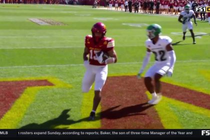 Rocco Becht links up with Jaylin Noel on a 14-yard TD pass, extending Iowa State's lead over North Dakota